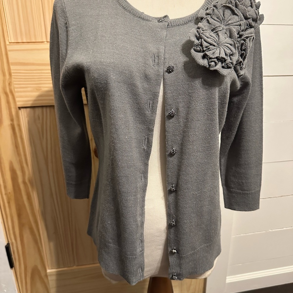Gray Cardigan with Floral Detail